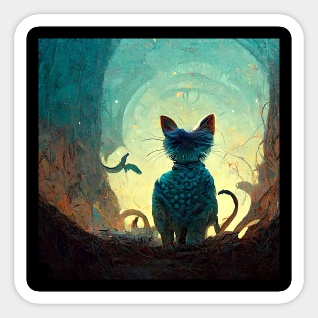 Strange cat looking backwards into a tunnel. Sticker by Liana Campbell